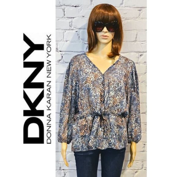 DKNY, V-neck front tie 3/4 balloon sleeve organic print blouse - Picture 1 of 11